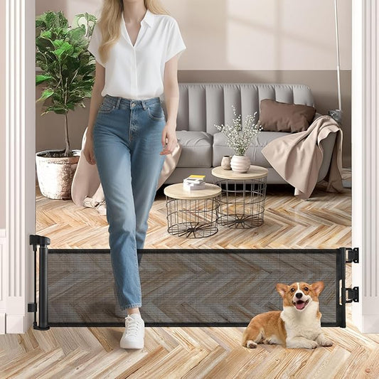 14" Tall Short Dog Gate to Step Over, Retractable Mesh Pet Door for Small Puppy, Extended up to 55" Wide for Indoor Stairs Doorways and Hallway - Black