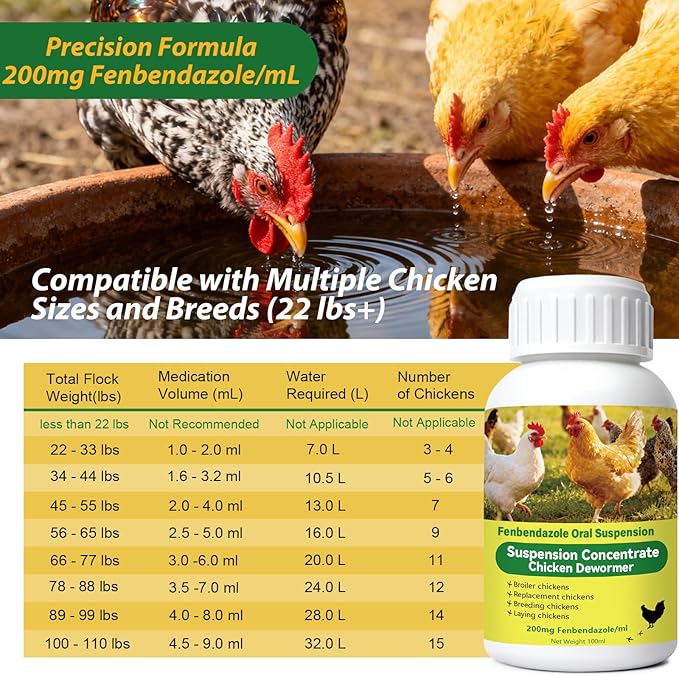 Chicken Dewormer for Chickens & Laying Hens, Fenbendazole Liquid Chicken Wormer, Easy Mix in Water, for Tapeworms Roundworms Hookworms, 100 mL