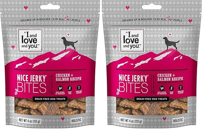 I AND LOVE AND YOU Nice Jerky Bites - Chicken + Salmon - Grain Free, Real Beef, Training Treat, Chewy Dog Treats, Filler Free, 4oz (Pack of 2)