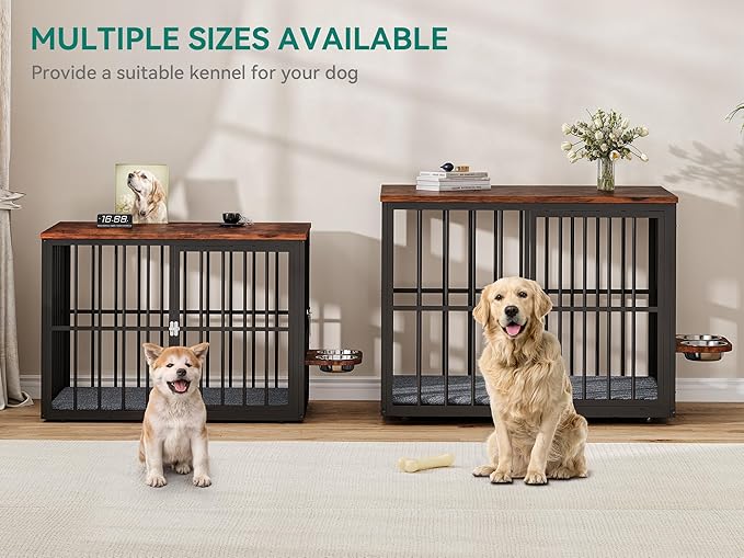 88.6" Large Dog Crate Furniture, Wooden Dog Kennel with Bowls & 3 Doors, Double Crate Furniture TV Stand for Medium Large Dogs, Brown