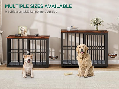 88.6" Large Dog Crate Furniture, Wooden Dog Kennel with Bowls & 3 Doors, Double Crate Furniture TV Stand for Medium Large Dogs, Brown