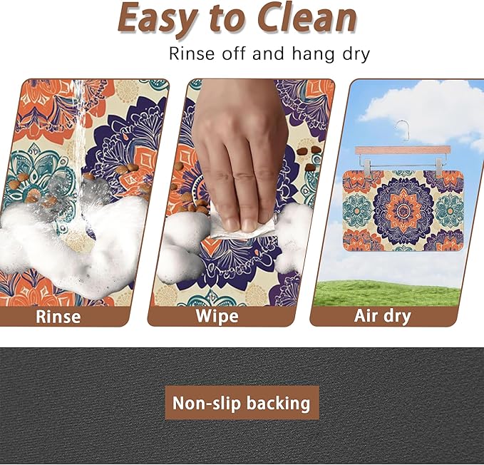 Mandala Flower Dog Cat Food Mat,Vintage Boho Floral Absorbent Pet Feeding Mat with Rubber Backing,Non-Slip Water Bowl Placemat,Indoor Pet Accessories Supplies 12"x20"