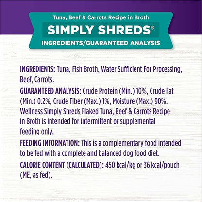 Wellness Bowl Boosters Simply Shreds Wet Dog Food Topper for Small, Medium, and Large Breeds, Grain Free, Natural, Tuna, Beef, and Carrots Recipe, 2.8 oz, Pack of 12 Pouches