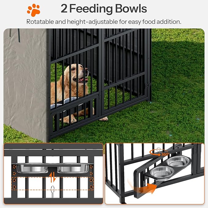 HOOBRO Outdoor Dog Kennel with Cover, 6.6 x 3.9 x 5.9 ft Dog Kennel Outside with Waterproof Roof and Rotating Feeding Bowls, Heavy-Duty Large Cage Enclosure, for Medium & Large Dogs, Black BK212GW03