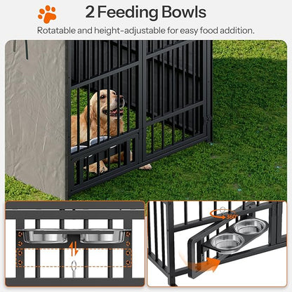 HOOBRO Outdoor Dog Kennel with Cover, 6.6 x 3.9 x 5.9 ft Dog Kennel Outside with Waterproof Roof and Rotating Feeding Bowls, Heavy-Duty Large Cage Enclosure, for Medium & Large Dogs, Black BK212GW03
