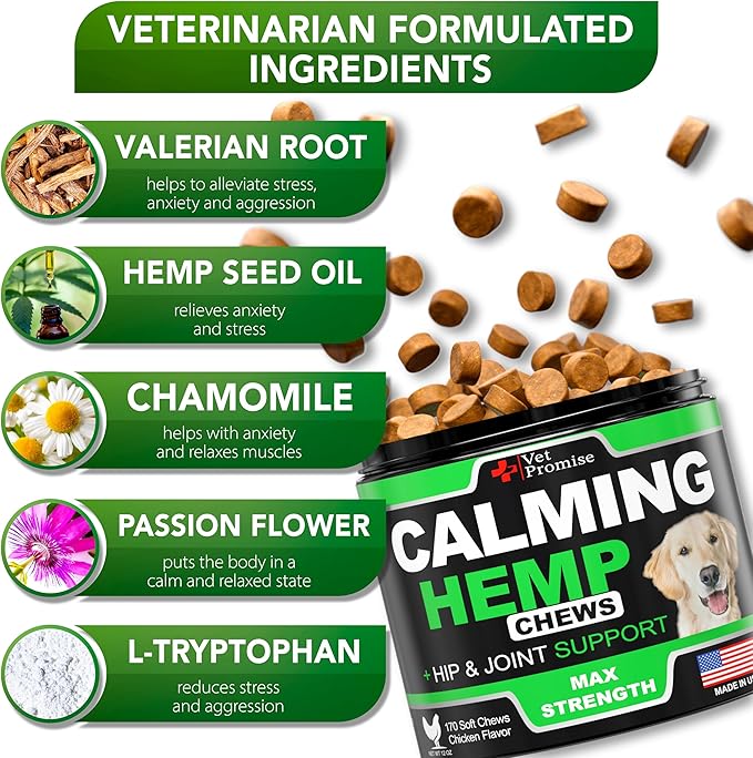 Hemp Calming Chews for Dogs Anxiety - Advanced Dog Calming Chews - 170 Treats - Dog Anxiety Relief with Hemp Oil - Hip and Joint Supplement Health Support for Dogs - Made in USA