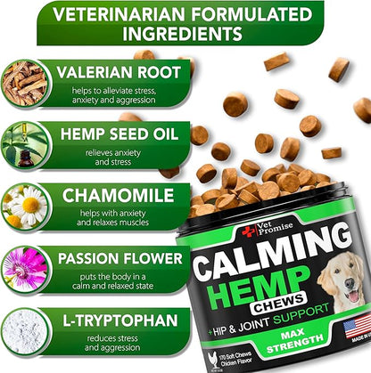 Hemp Calming Chews for Dogs Anxiety - Advanced Dog Calming Chews - 170 Treats - Dog Anxiety Relief with Hemp Oil - Hip and Joint Supplement Health Support for Dogs - Made in USA