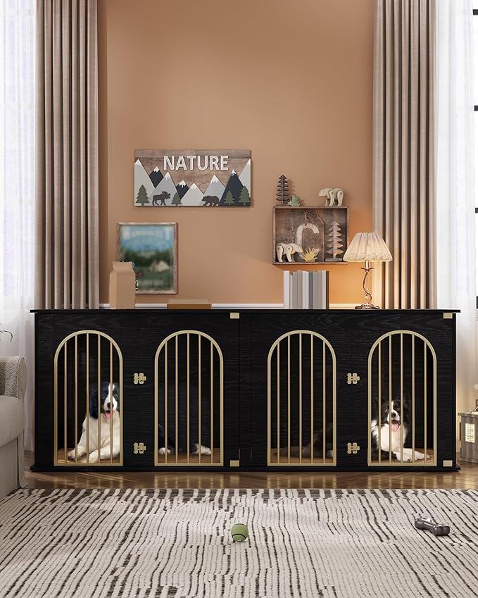 Hzuaneri 88.4" Dog Crate Furniture for 2 Dogs, Heavy Duty Indoor Dog Kennel TV Stand, XXL Wooden Dog Cage with Divider for Medium Large Dogs, End Table Dog Crate with Cushion, Black Gold DFC84004AV1