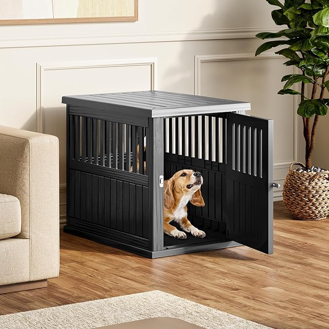 Fancyango 30-Inch Heavy Duty Dog Crate Furniture Lockable Indoor Outdoor Kennel & End Table for Small/Medium Dogs Decorative Plastic Pet Cage in Black