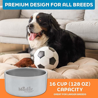 Master Pet Supply Stainless Steel Dog Bowls - 128 oz, Heavy Duty - Stainless Steel, Double Wall Extra-Thick Insulated, Non-Slip Pet Water Bowl for Dogs, Cats & Pets, Anti Rust Metal, Dish Washer Safe