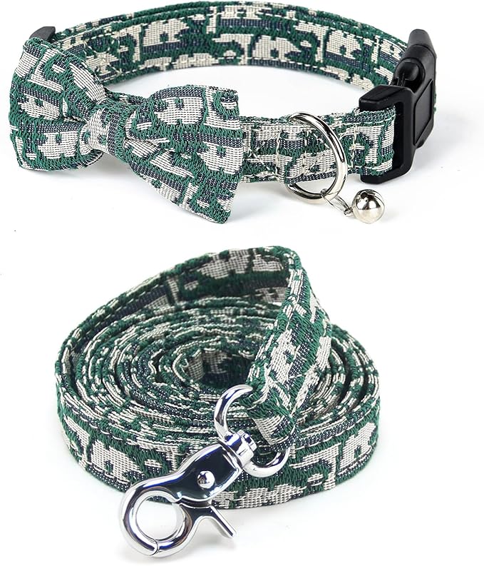 Bowtie Collars for Medium Dogs, Elegant Collars with Leash Set, Dog Collars with Bowtie Adjustable 13.8"-17.7", Green, M