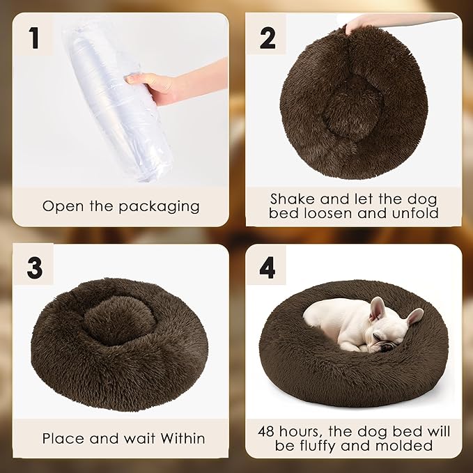 Hoewina Dog & Cat Bed, 20in Cat Beds for Indoor Cats, Calming Donut Bed for Puppy and Kitten, Washable Round Fluffy Pet Bed for Small Medium Dogs and Cats (Coffee)
