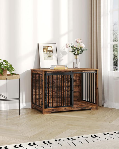 Hzuaneri 39.3" Dog Crate Furniture with Barn Door, Heavy Duty Dog Kennel Indoor with 2 Doors, Wooden Pet Cage End Table for Large Small Medium Dogs, Anti-Chew Anti-Escape, Rustic Brown DFC02301B
