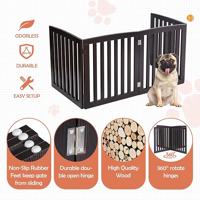 Dog Gate Pet Gate Indoor for Stairs Doorways 82x24 Inch 4 Panels Dog Fence Extra Wide Wooden Black