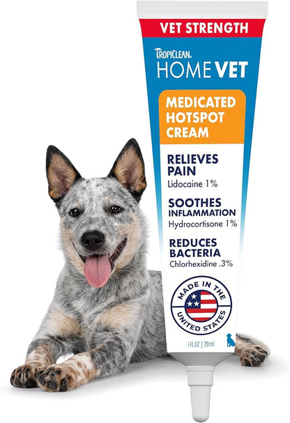 TropiClean HomeVet Medicated Cream, Hot Spot Treatment for Dogs, Fast Itch Relief, with Vet Strength Chlorhexidine & Hydrocortisone, USA Made, 1 oz