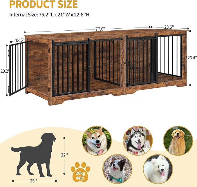 Hzuaneri 78" Dog Crate Furniture for 2 Dogs, Double Dog Cage with Divider, Wooden Heavy Duty Dogs Kennel, Pet Cage with Barn Door, TV Stand for Large Small Medium Dogs, Rustic Brown DFC83701BV1