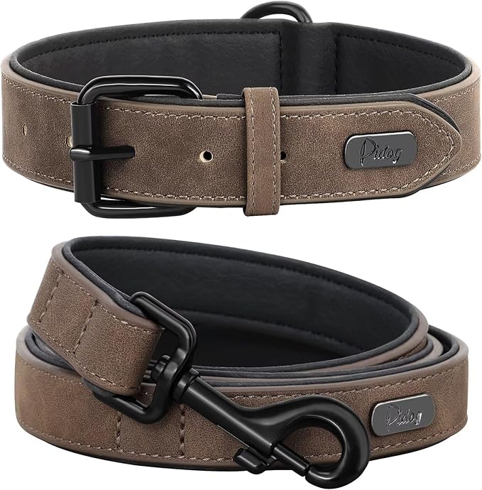 Didog Soft Padded Leather Dog Collar and Leash Set, Adjustable Dog Leash and Collar Set with Metal Buckle, Breathable Dog Collars with 4FT PU Leather Dog Leash for Small MediumDogs, Brown, M