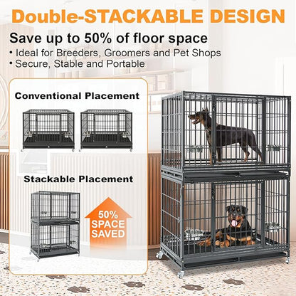 Homey Pet Two Tiers 47 Inch Heavy Duty Indestructible Dog Crate, Stackable Escape Proof Dog Cage Kennel Indoor with Two Removable Trays, Metal Grids, Wheels, Bowls, Double Doors for Large Dogs(6 Pack)