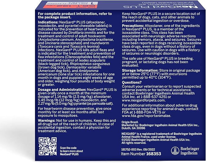 NexGard Plus (afoxolaner, moxidectin, and pyrantel) Flea and Tick Protection & Heartworm Preventive for Dogs Soft Beef Flavored Chewables, 66.1-132 lbs. (Red) 1 Chew (1 Month Supply)