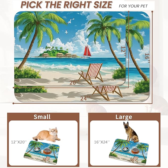 Tropical Beach Dog Food Mat for Floors,Hawaii Palm Tree Absorbent Quick-Dry Pet Feeding Mat, Cat Dog Bowl Mats for Food and Water, Non-Slip Pet Accessories Supplies 12"x20"