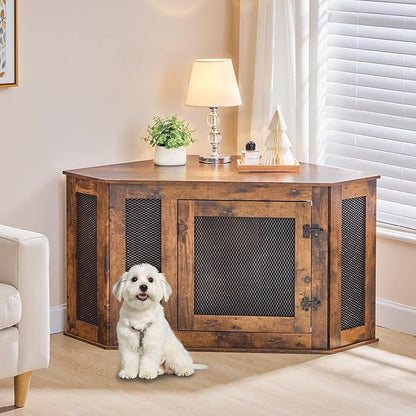 MAHANCRIS Corner Dog Crate Furniture, Wooden Dog Kennel End Table, Decorative Pet Crate Indoor Use, Furniture Style Dog House for Small Medium Dog, Dog Cage TV Stand, Rustic Brown DCRB0801