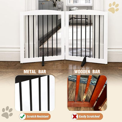 PUPETPO Freestanding Pet Gate for Dogs, Foldable Wooden Dog Gate for House, Indoor Pet Barrier for Stairs, Doorways, Support Feet Included, 24" Height 2 Panels, White