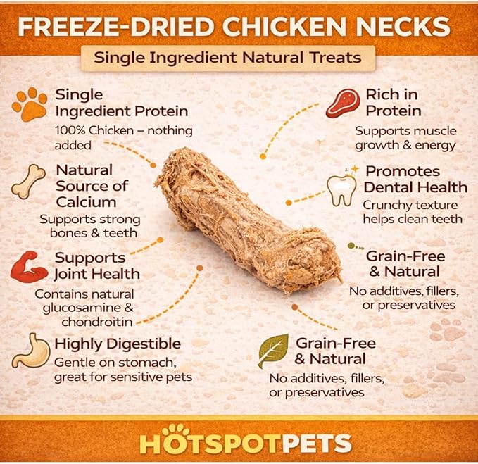 hotspot pets Freeze Dried Chicken Neck Treats for Cats & Dogs - Made in USA, 1lb Big Bag, Single Ingredient All Natural Grain-Free, Crunchy, Perfect for Training, Topper or Snack