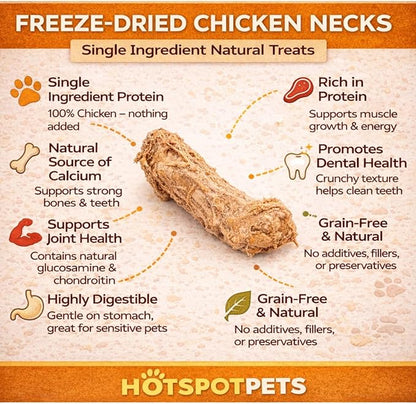 hotspot pets Freeze Dried Chicken Neck Treats for Cats & Dogs - Made in USA, 1lb Big Bag, Single Ingredient All Natural Grain-Free, Crunchy, Perfect for Training, Topper or Snack