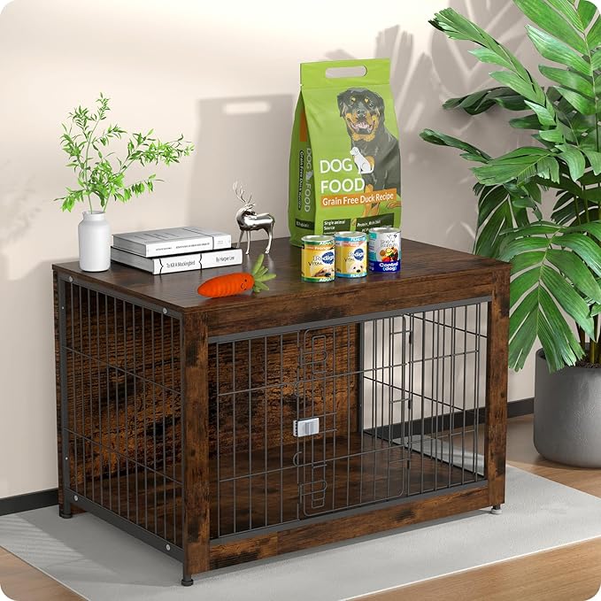 Dog Crate Furniture, Wooden Dog Crate 37in, Decorative Cage with End Table for Dog Indoor Kennel, High Anxiety Dog, Escape-Proof Locks for All Breeds