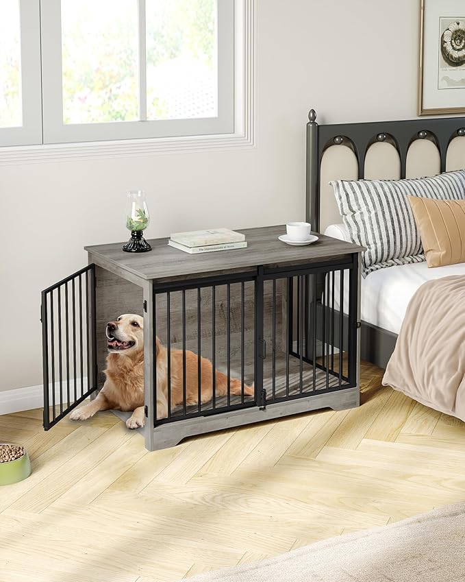 Hzuaneri 39.4" Heavy Duty Dog Crate Furniture with Barn Door, Wood Indoor Dog Crate Kennel for Small/Medium/Large Dogs, End Side Table, TV Stand, Greige Black DFC02305B