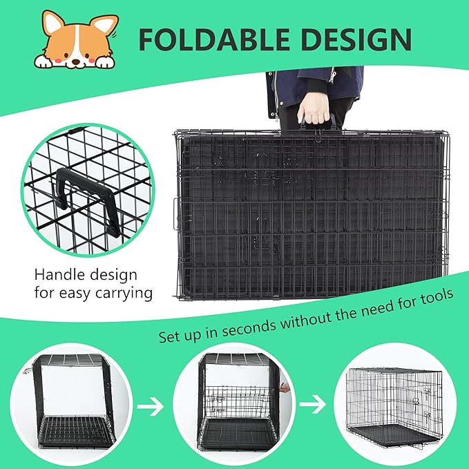 BestMassage Dog Crate Dog Kennel Cage with Double Door,24 inch Folding Metal Wire Dog Cage with Removable Tray&Divider Panel,Pet Crate for Small Dogs,Black