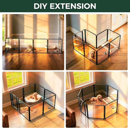 FXW AuraSpace Pro Acrylic & Wire Mesh Indoor Dog Playpen, 24" Height 8 Panels Metal Dog Pen for Puppies & Small Dogs, Black│Patented
