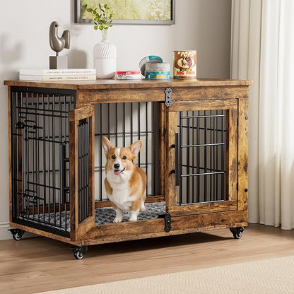Lulive Dog Crate Furniture, Dog Kennel Indoor Double Doors Wooden Dog Cage, 32'' Heavy Duty Dog Crate with Cushion & Wheels, Decorative End Table Pet House Chew-Resistant for Medium/Small, Brown