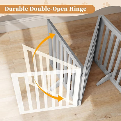 PUPETPO 24”H Freestanding Wooden Pet Gate, Dog Gate for Stairs, Doorways, and Hallways, Step Over Foldable Pet Fence for Indoor Use, Support Feet Included, 60 inch Wide 3 Panels, Grey