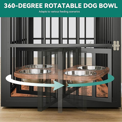 YITAHOME 77.6" Large Corner Dog Crate Furniture for 2 Dogs, Steel Frame Cage with Double Doors & Bowls & 3 Doors, Double Dog Crate Furniture TV Stand for Medium Large Dogs, Brown