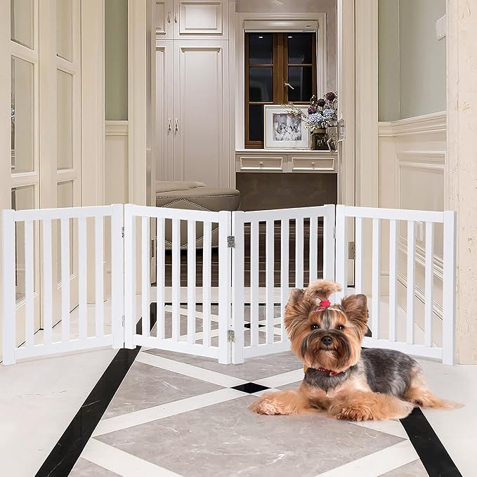 LZRS 4-Panel Wooden Free Standing Foldable Dog Gate Indoor – 24" High, Extra Wide Step-Over Safety Pet Gate for Doorways, Stairs, Hallways, Large Spaces & Playpen for Puppies Indoor Use, White