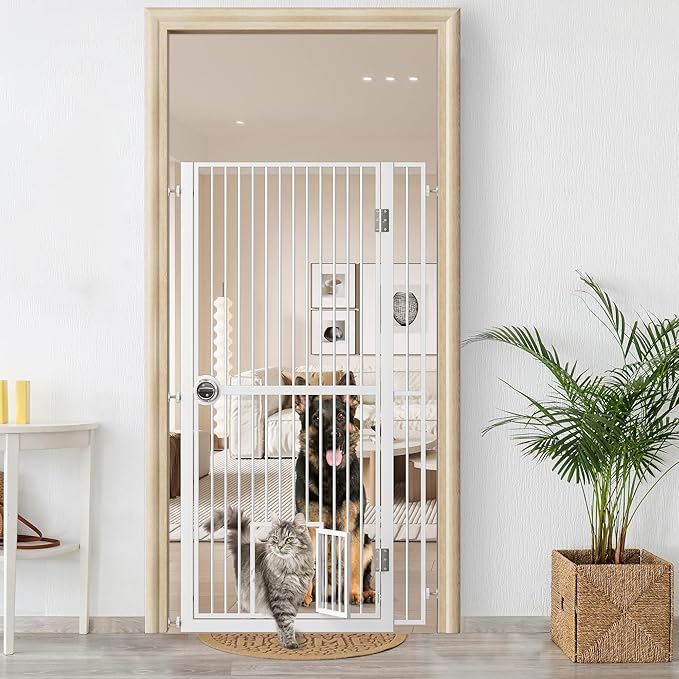Extra Tall Cat Gate for Doorway, Adjustable Wide Dog Door with Cat Door, 1.37" Gap for Pet Gates, Suitable for Doorways or Kitchen, No Drilling Pressure Mount Kit (White, 34.3"-36.7"/87.3cm-93.3cm)
