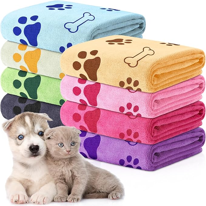 Chumia 8 Pcs Dog Towels for Drying Dogs Cats Pet Towels Bulk Puppy Microfiber Fast Drying Paw Bath Bathing Supplies Absorbent for Medium Pets(18 x 28 Inch,Dog Paw and Bone,Sweet Color)