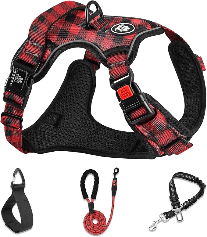 NESTROAD No Pull Dog Harness with Leash, Reflective No Choke Pet Vest Harness,Adjustable Soft Padded Dog Harness with Easy Control Handle for Small Dogs(Checkered Red,Small)