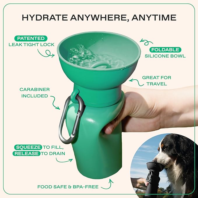 Springer Flip Portable Dog Water Bottle with Foldable Food Grade Silicone Bowl - 20 Ounce Travel Dog Water Bottle Ideal for Camping - Easy Squeeze Hydration & Release to Drain