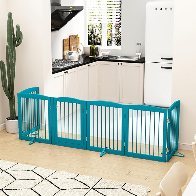 PUPETPO Freestanding Pet Gates with Walk Through Door, Dog Indoor Fence, Dog Gate for The House, Doorway, Stairs, Extra Wide Pet Gate, Support Feet Included, 120 Inch Wide, 6 Panels 24" Tall, Blue