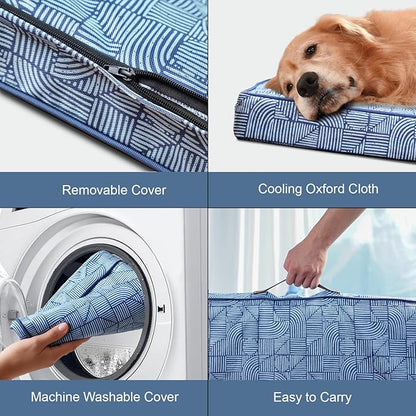 Outdoor Extra Large Dog Bed, Jumbo Waterproof Dog Bed for Large Dogs, Orthopedic Egg Crate Foam Pet Mat with Removable Oxford Cooling Cover, White Blue