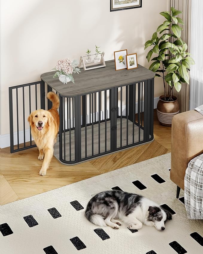 Hzuaneri 39.4'' Dog Crate Furniture, L Indoor Dog Kennel Dogs Cage, Modern Decorative Pet House for Small/Medium/Large Dogs, Anti-Chew & Anti-Escape, Kennel End Side Table, Greige Black DFC88705B