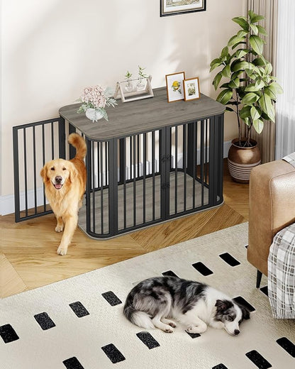 Hzuaneri 39.4'' Dog Crate Furniture, L Indoor Dog Kennel Dogs Cage, Modern Decorative Pet House for Small/Medium/Large Dogs, Anti-Chew & Anti-Escape, Kennel End Side Table, Greige Black DFC88705B