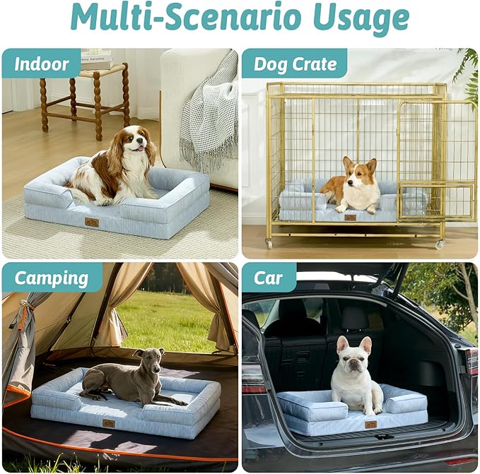 Cooling Dog Bed for Extra Large Dogs 44x32 inch, Q-Max >0.4 Summer Cool Orthopedic Foam Pet Sofa Bed with Sides, XL Size Bolster Anti-Slip Couch with Washable Removable Cover, Blue