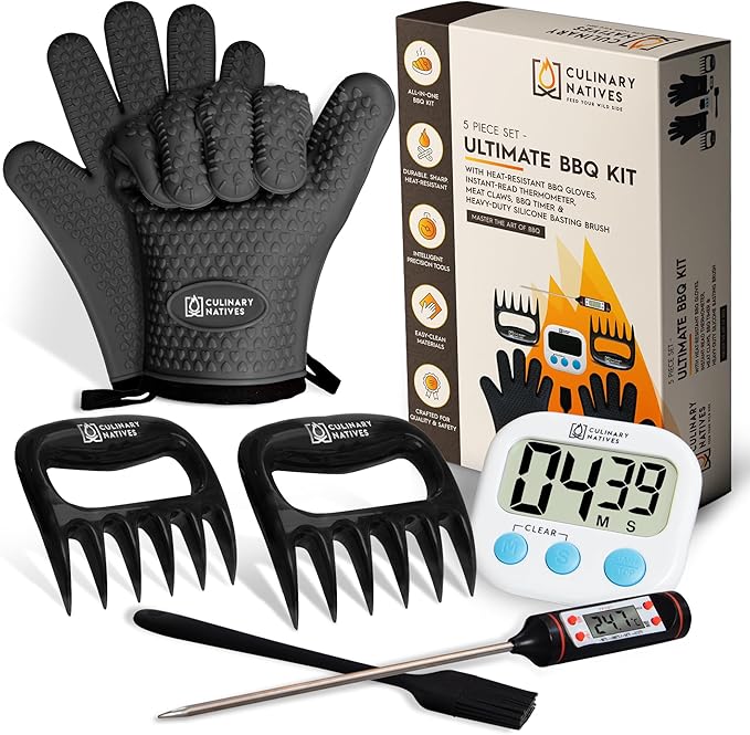 Smoker Gloves and Meat Claws | Instant-Read Thermometer, Timer & Brush | No.1 Heat Resistant Grill & Smoker Accessories Kit | BBQ Gloves & Pulled Pork Claws | Gift Set for Gas Charcoal & Pellet Grills
