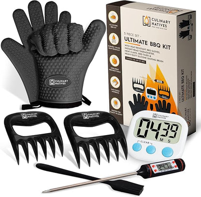 Smoker Gloves and Meat Claws | Instant-Read Thermometer, Timer & Brush | No.1 Heat Resistant Grill & Smoker Accessories Kit | BBQ Gloves & Pulled Pork Claws | Gift Set for Gas Charcoal & Pellet Grills