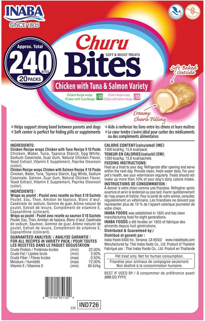 INABA Churu Bites for Dogs, Soft & Chewy Dog Treats with Vitamin E, 0.42 Ounces Each Tube, 20 Tubes, Tuna & Salmon Variety Box