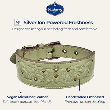 Blueberry Pet Premium Embossed Sage Green Glam Silver-Powered Freshness Microfiber Leather Dog Collar with Antique Brass Studs