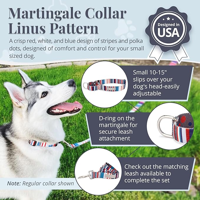 Lucky Love Dog Martingale Dog Collar - Adjustable, No-Slip, Durable, & Soft Webbing Collar for Male and Female Dogs Ideal for Training & Walking - Linus, Small
